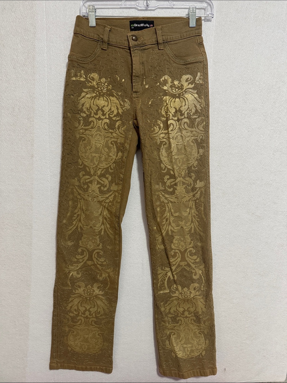 Brazilroxx Vintage Embellished Embroidered Straight Leg Jeans in Olive Gold